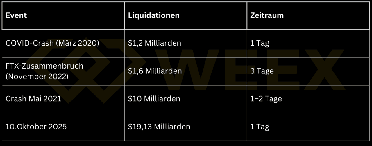 Table compares liquidations during major market crashes: COVID crash 2020 – $1.2 billion, FTX collapse 2022 – $1.6 billion, May 2021 crash – $10 billion, and October 10, 2025 – record with $19.13 billion in one day.