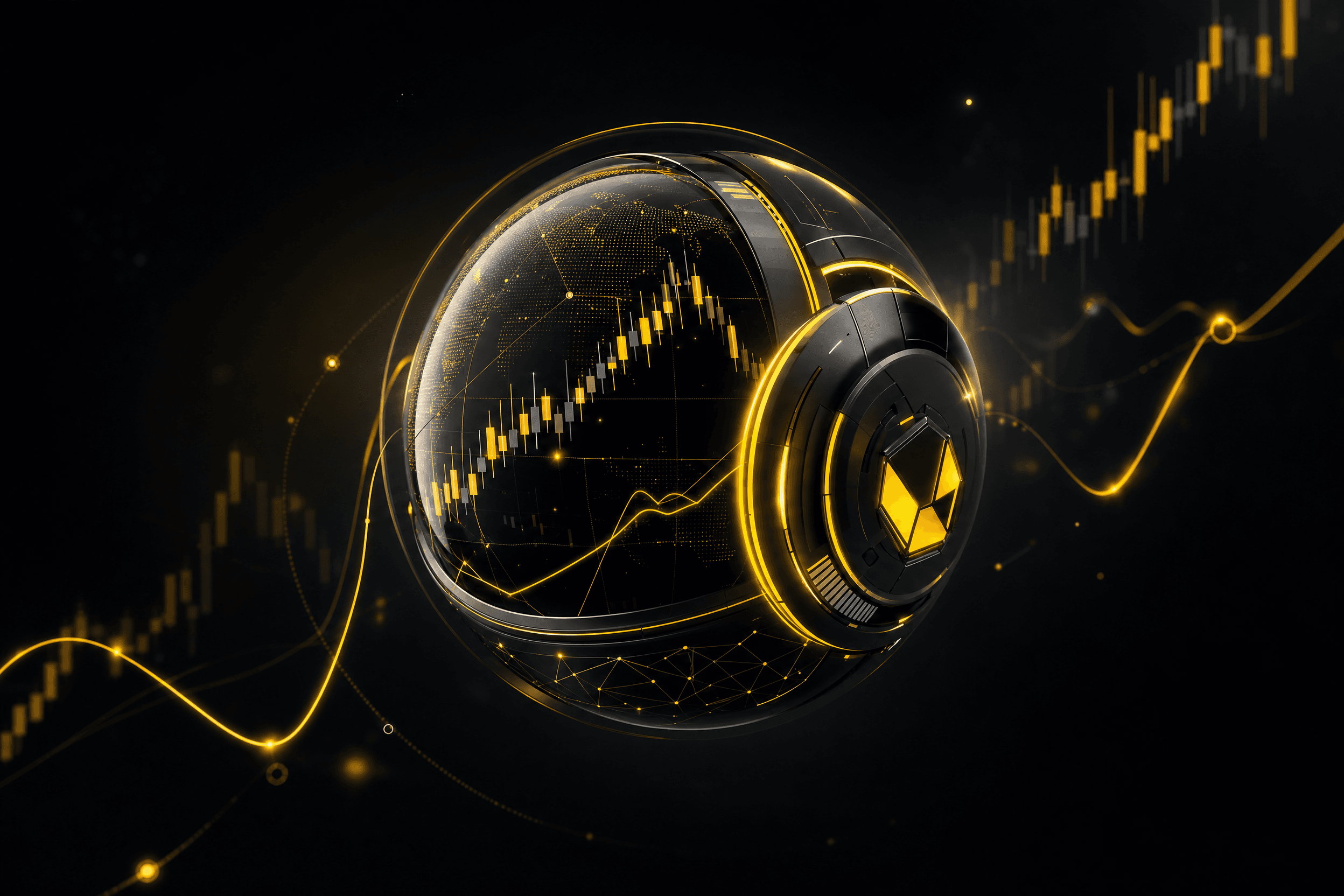 Futuristic 3D visual: A globe in headphone style surrounded by glowing golden lines.