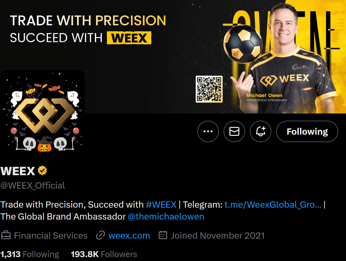 WEEX Twitter profile with Michael Owen in a WEEX jersey and the slogan “Trade with Precision, Succeed with WEEX”. Profile shows 193.8k followers.