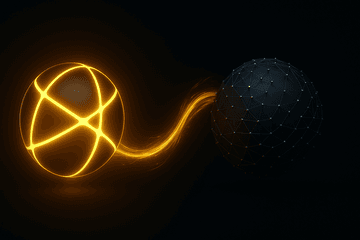 Glowing golden sphere with network structure on the left connects to a dark, geometric sphere on the right – representation of decentralized versus centralized blockchain systems.